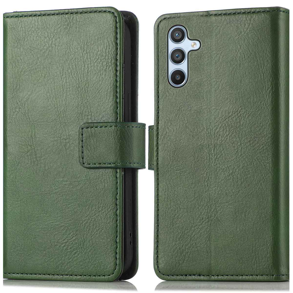 Groene leren telefoonhoes, open, met de telefoon zichtbaar. De hoes heeft een magnetische sluiting.