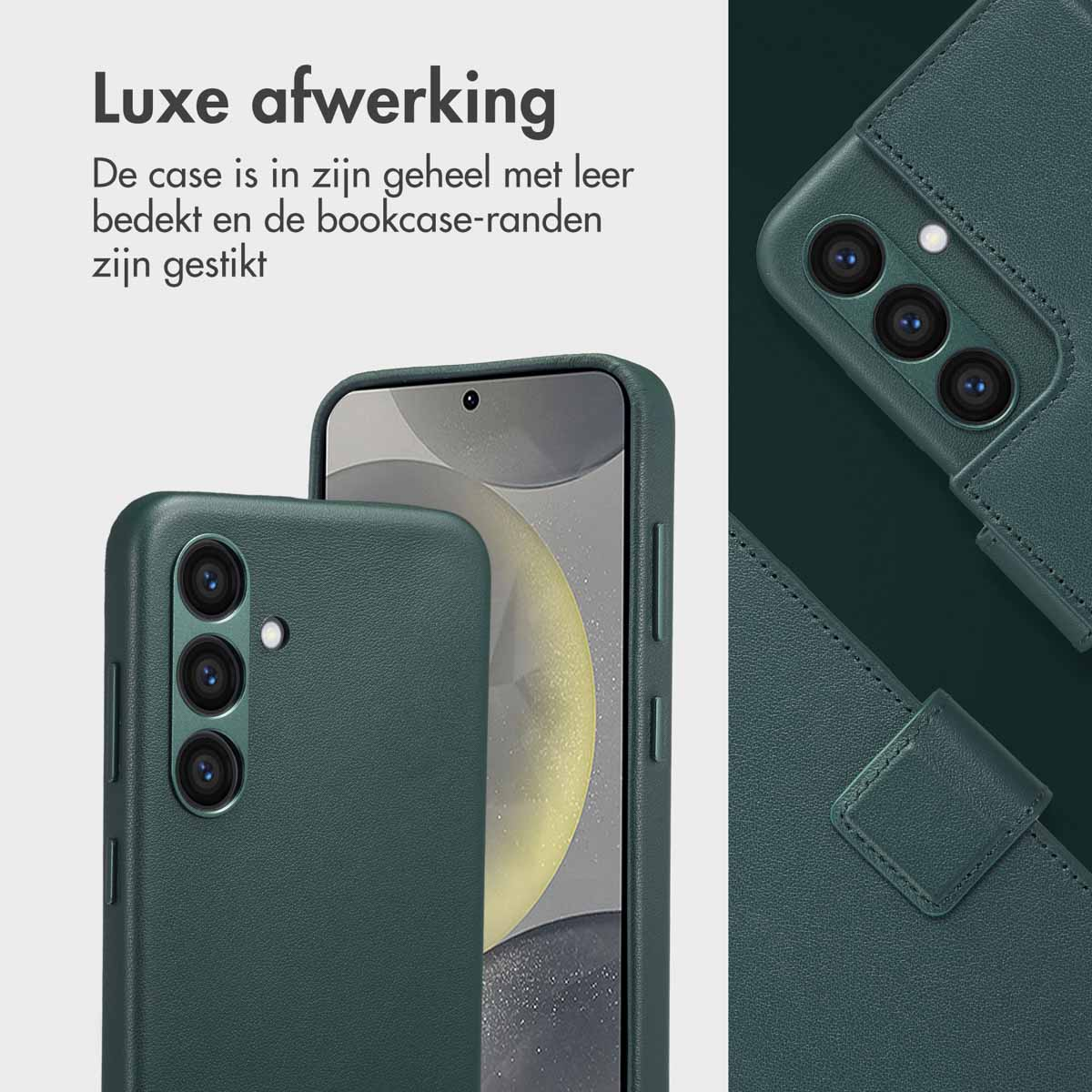 Donkergroene leren telefoonhoes met cameragat en boekranden.