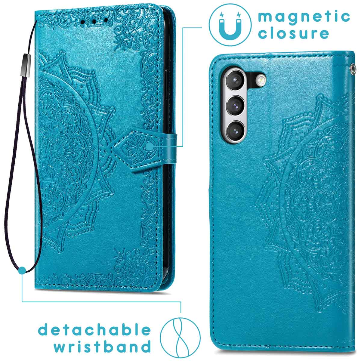 Blauw telefoonhoesje met mandala-reliëf, afneembaar polsbandje en magnetische sluiting.