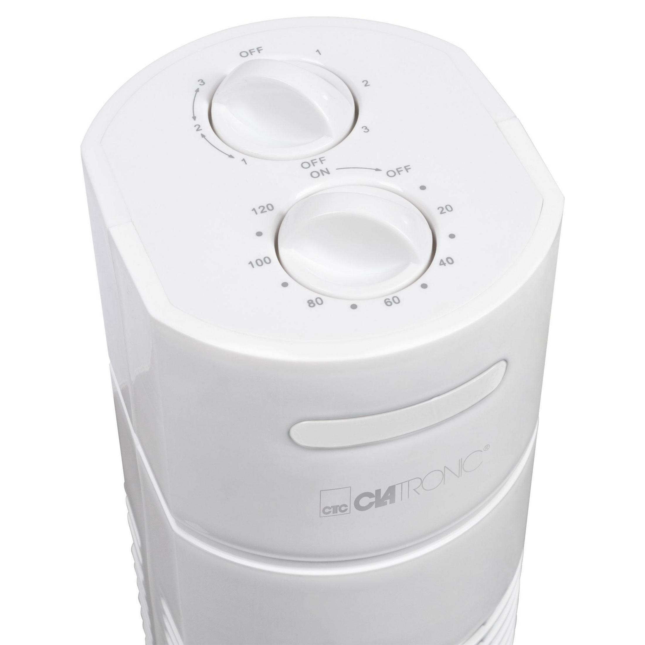 Biały wentylator wieżowy z dwoma pokrętłami. Logo CTC Clatronic.