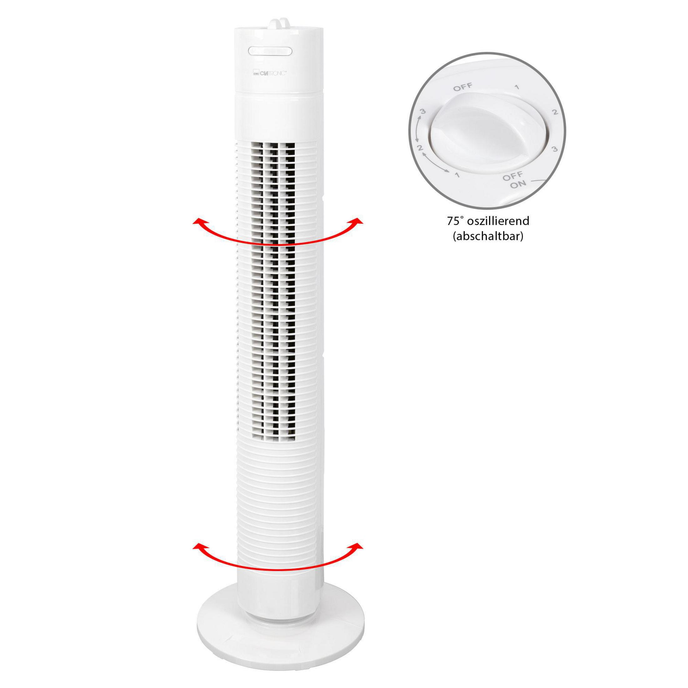 Biały wentylator wieżowy z funkcją oscylacji i pokrętłem sterowania.