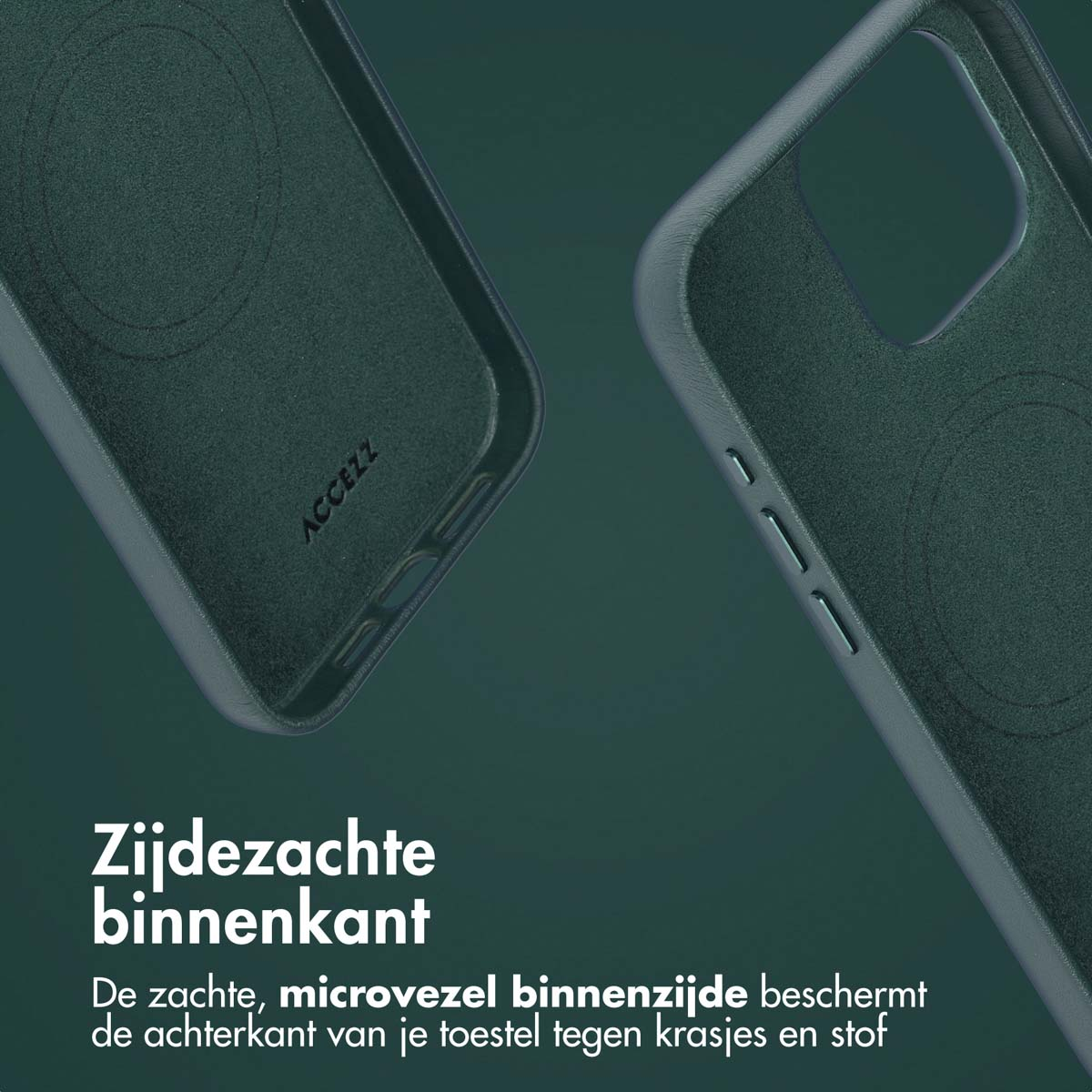Due custodie per telefoni verde scuro, una con il marchio ACCEZZ. Il testo dice 'Interno morbido' e protegge da graffi e polvere.