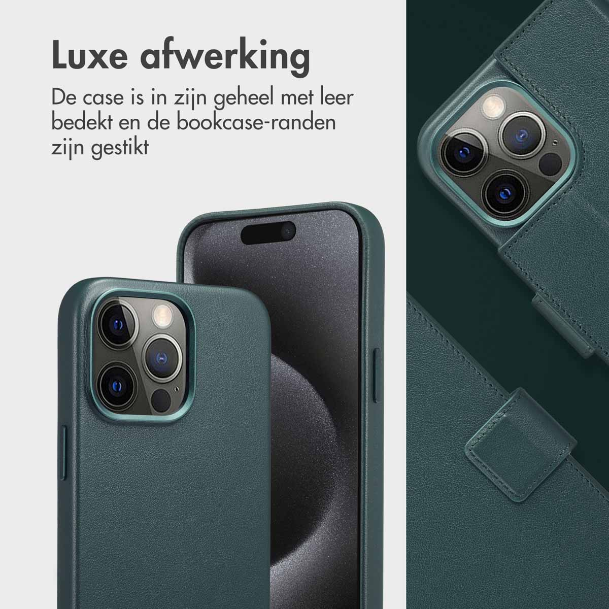L'immagine mostra custodie verdi per telefoni. Una custodia è aperta, mostrando il telefono. Le custodie hanno una trama in pelle e sono cucite.