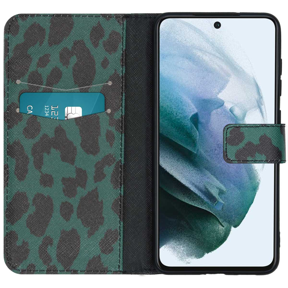 Groene telefoonhoes met kaartsleuven. De hoes is open en toont een kaart en telefoon.