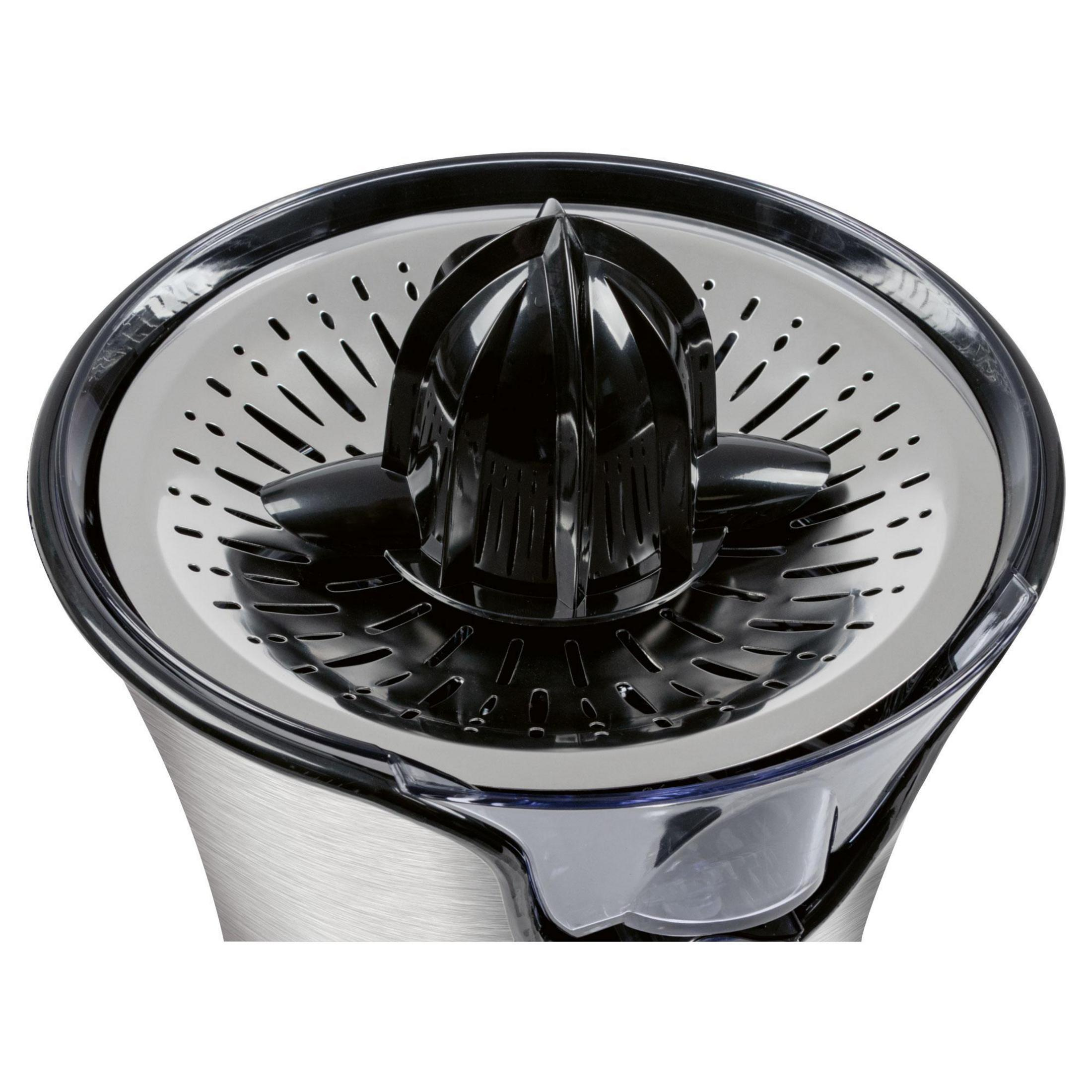 Wyciągarka do soku. Stal nierdzewna, czarny i przezroczysty plastik. Zbliżenie.