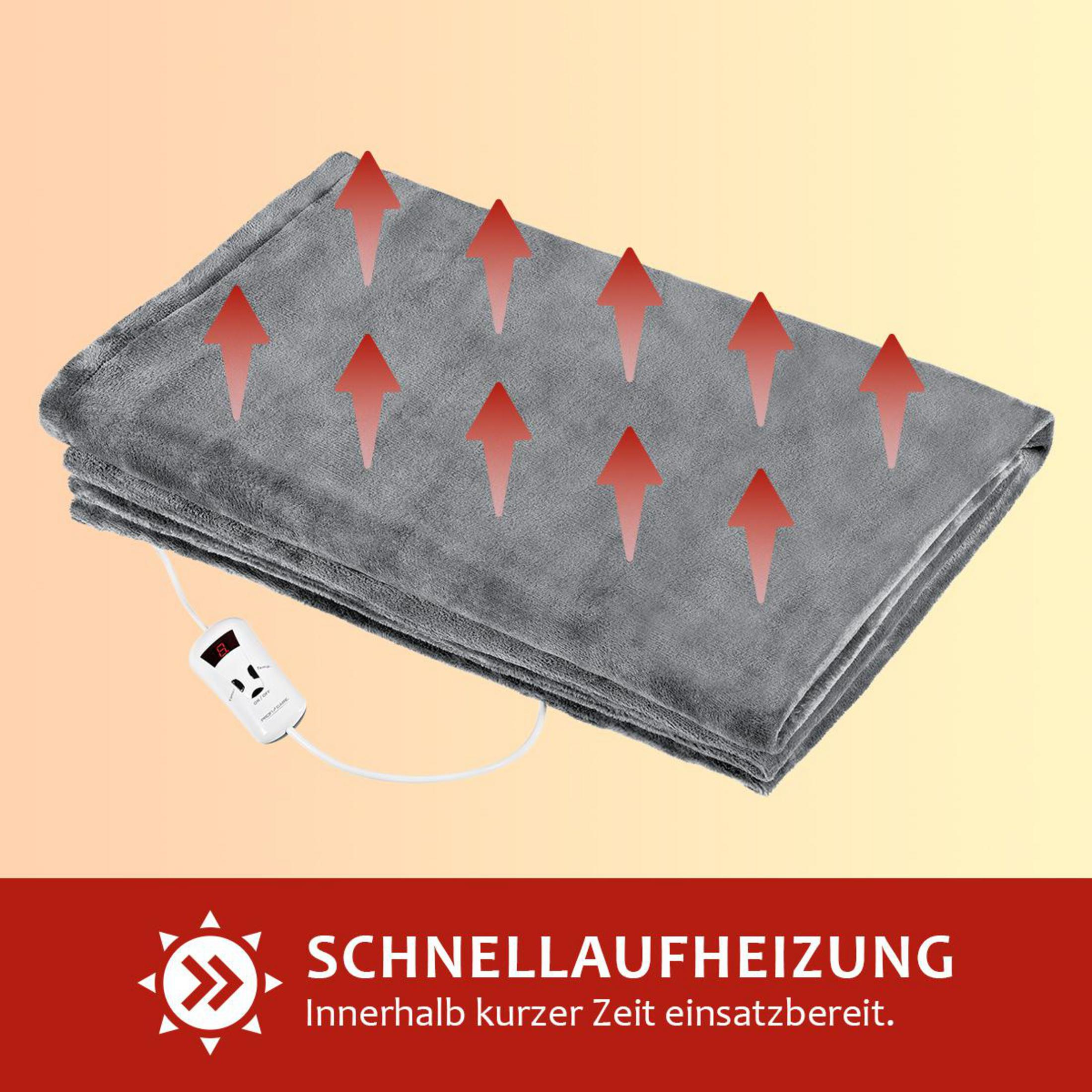 Szary koc elektryczny z kontrolą i czerwonymi strzałkami, na żółtym tle.