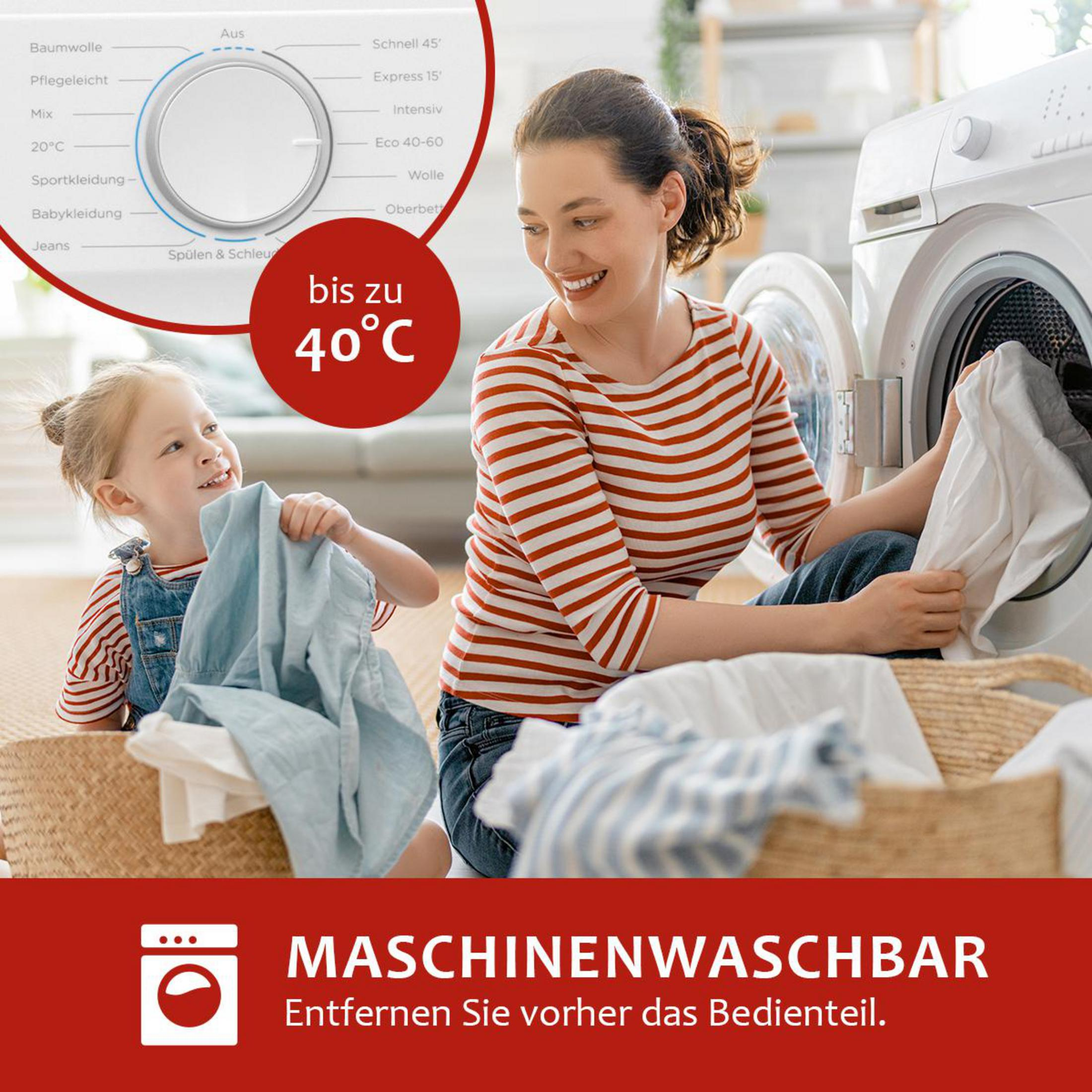 Kobieta i dziecko ładują ubrania do pralki. Temperatura ustawiona jest na 40°C.