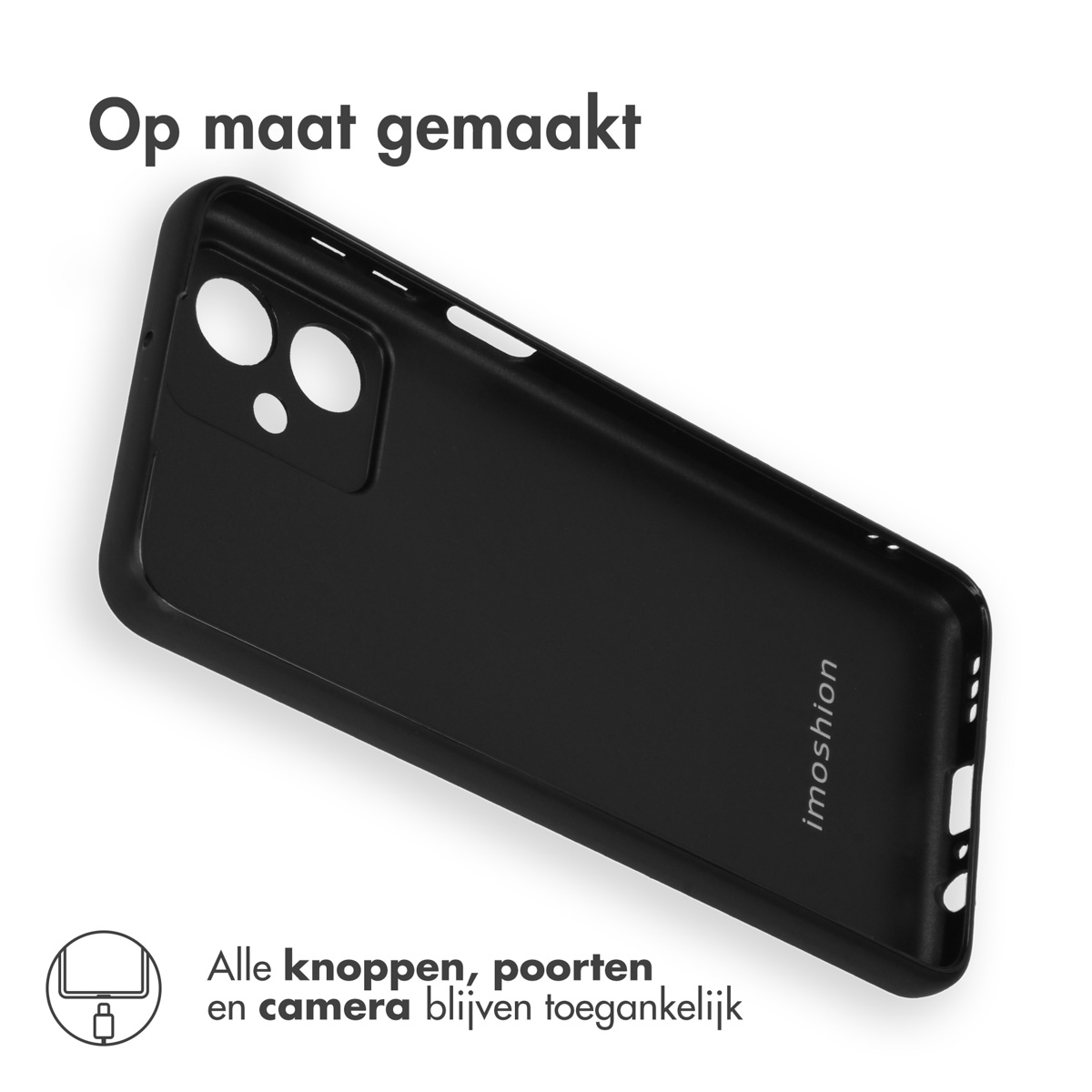 Zwarte telefoonhoes met uitsparingen voor camera en poorten.