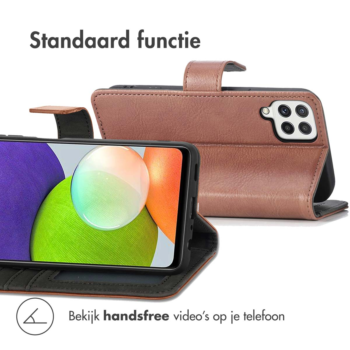 Bruine telefoonhoes met een telefoon. De telefoon is gedeeltelijk zichtbaar.