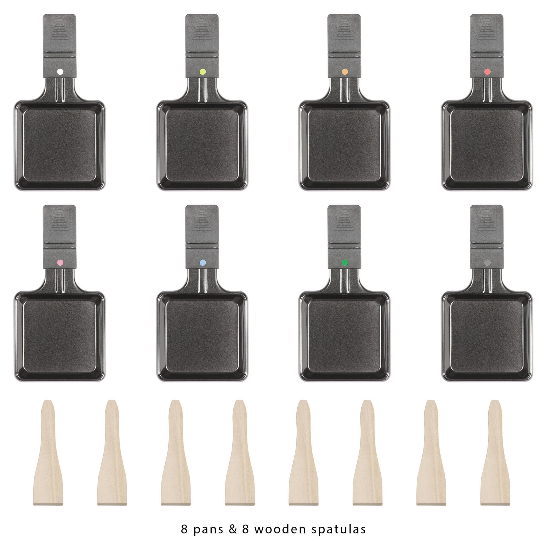 Patelnie do raclette, z 8 patelniami i 8 drewnianymi szpatułkami. Każda patelnia ma inny kolor.