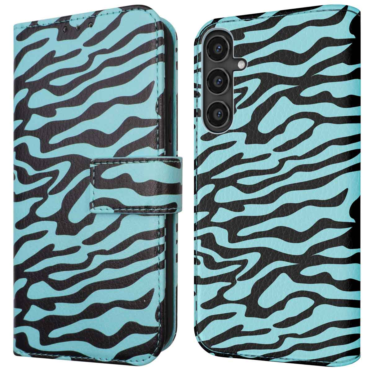 Blauw en zwart zebra-gestreepte telefoonhoes. Open en gesloten weergaven.
