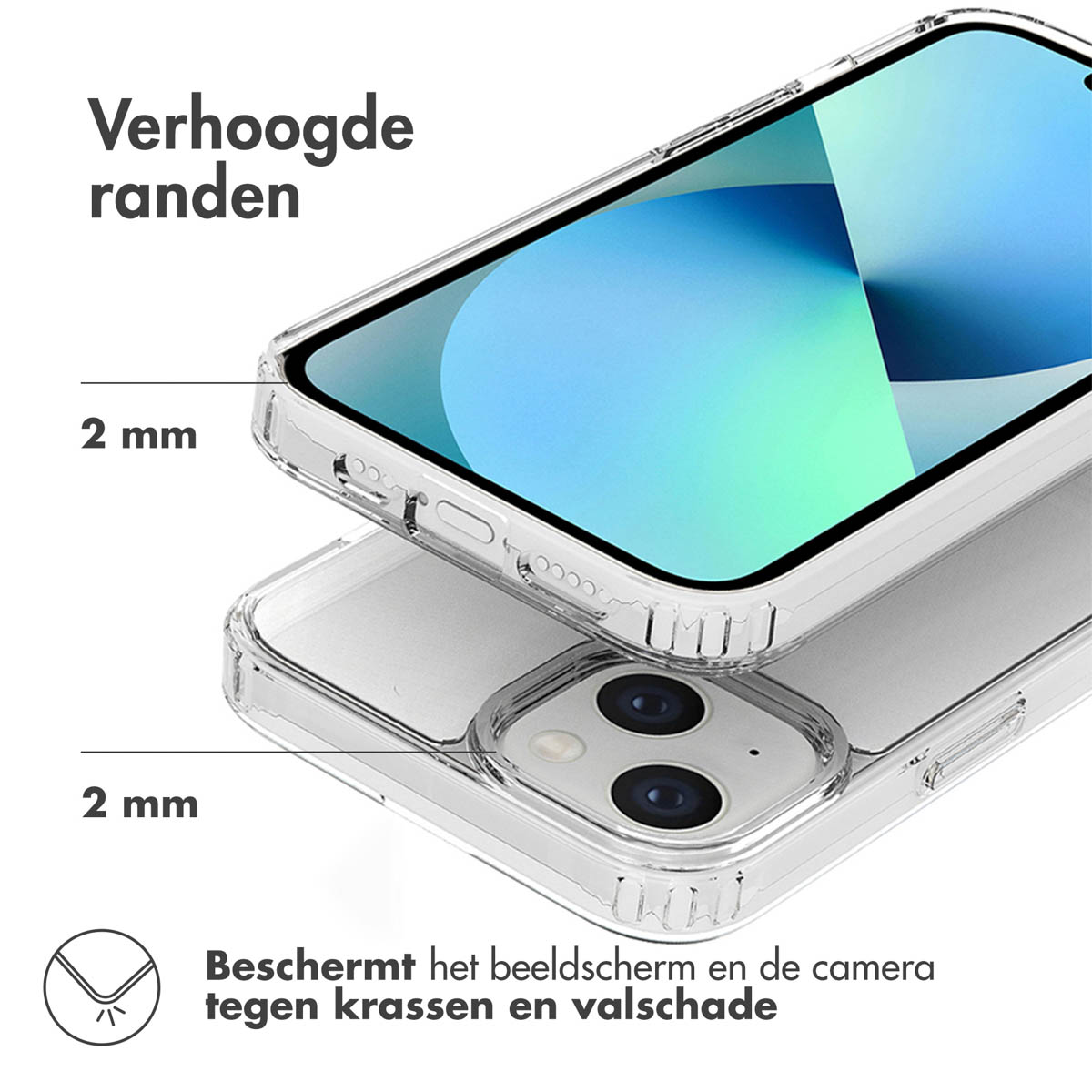 Transparante telefoonhoes bovenop een telefoon. De telefoon is gedeeltelijk zichtbaar.