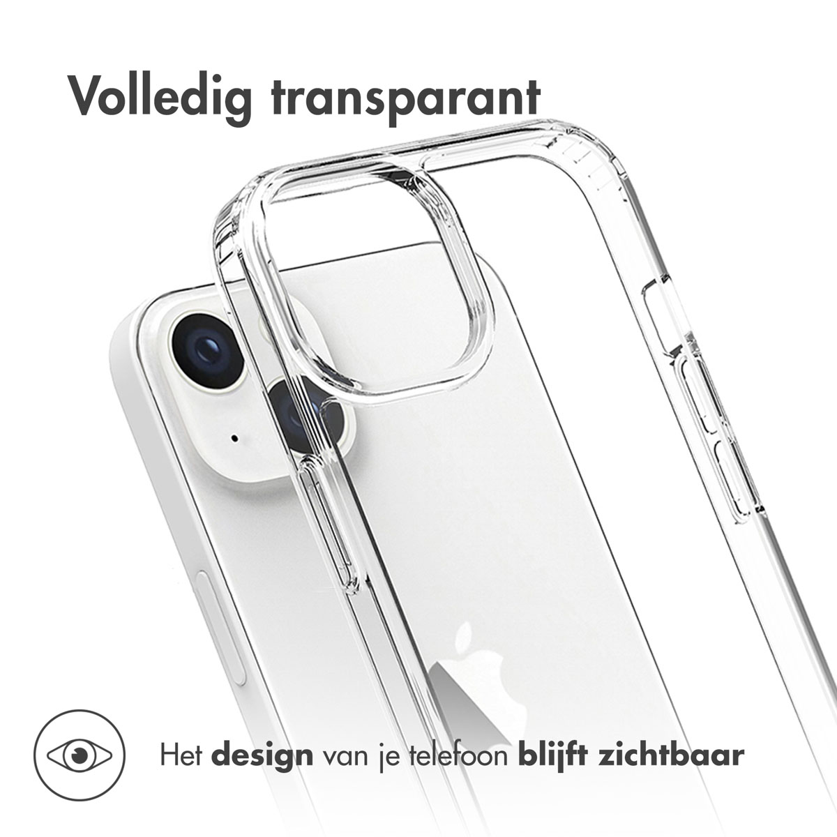 Transparante telefoonhoes over een witte smartphone met Apple-logo.