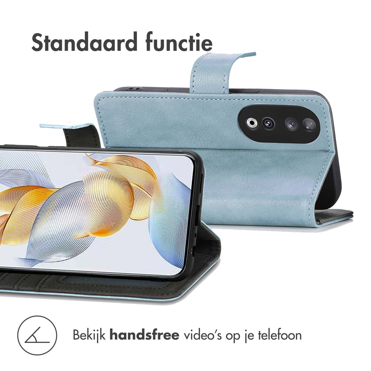 Una custodia a libro blu chiaro per telefono con fotocamera posteriore e schermo.