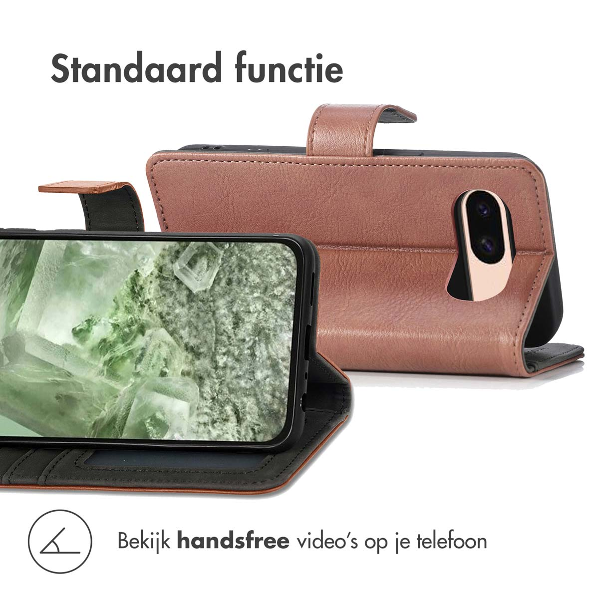 Telefoon in bruine portemonneehoes, open. Tekst: Standaard functie. Toont groen kristalbeeld.