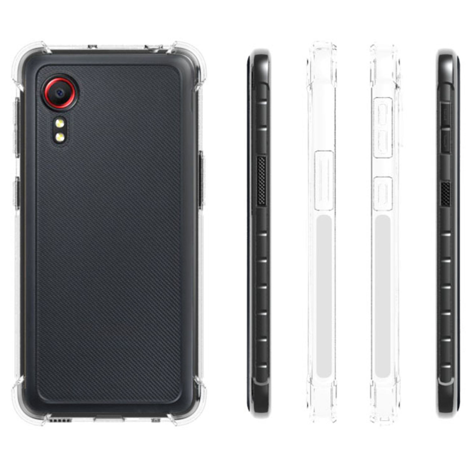 Un smartphone noir dans une coque transparente, vu de dos et de profil.