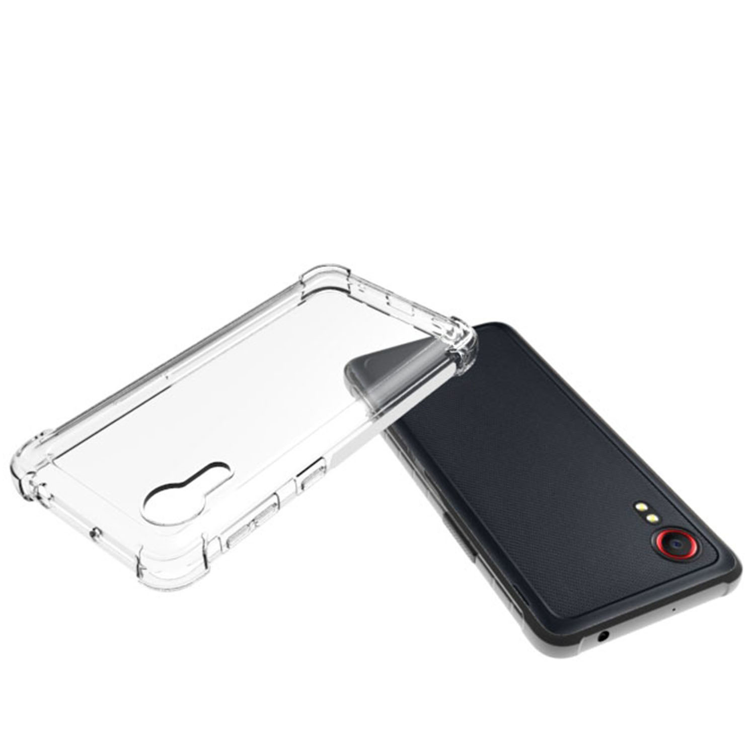 Un smartphone noir est posé à côté d'une coque de protection transparente sur fond blanc.