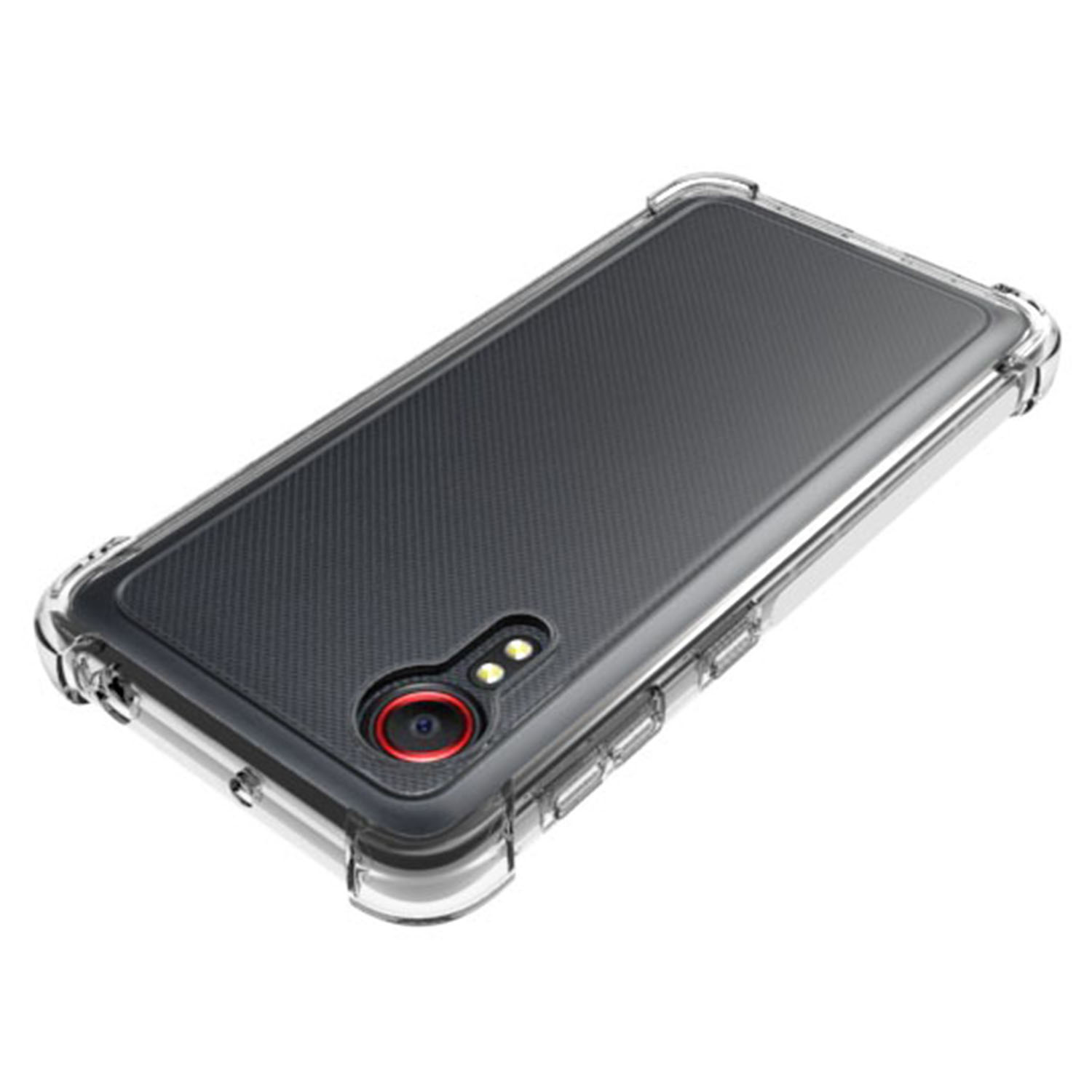Un smartphone dans une coque de protection transparente, avec un appareil photo et un flash LED au dos gris.