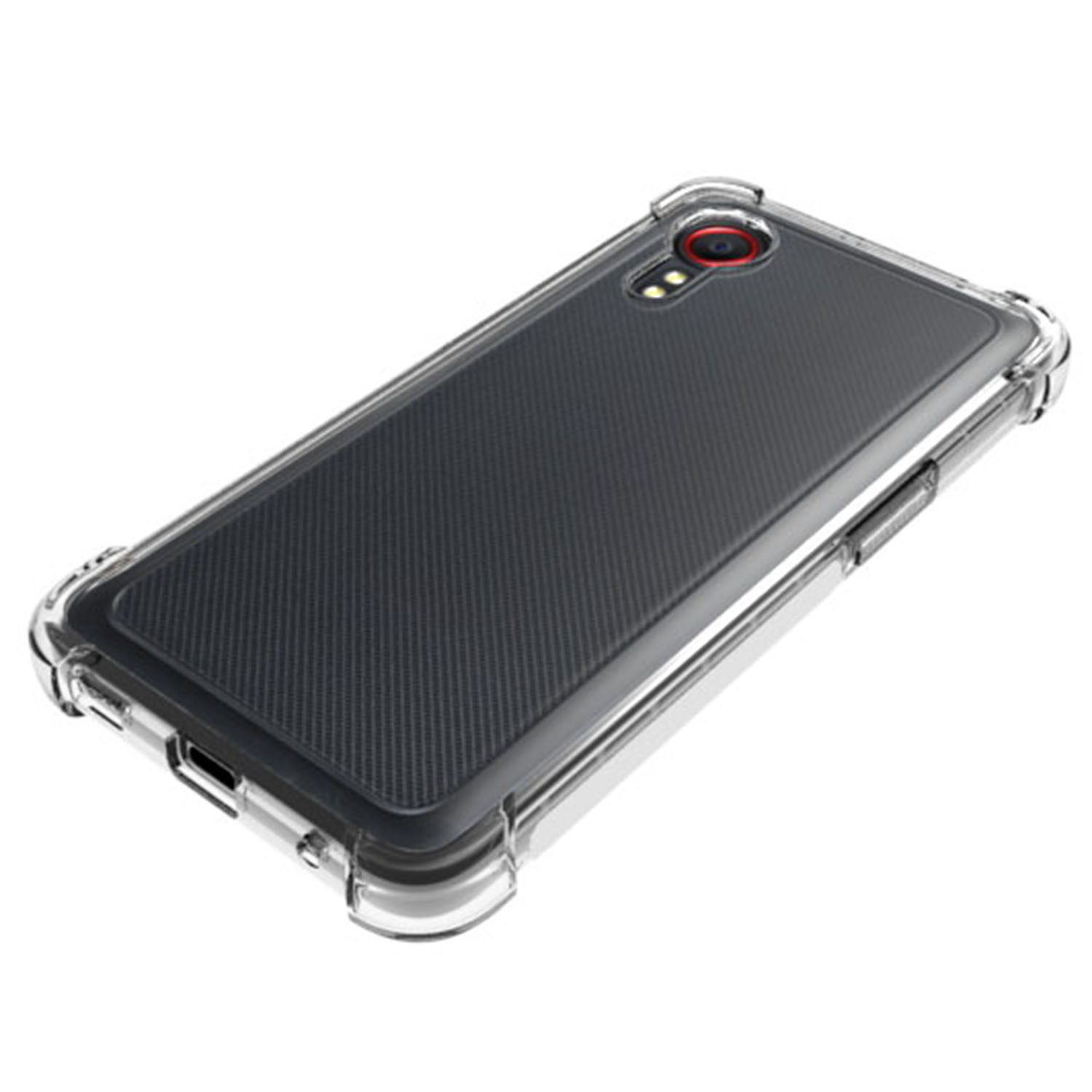 Un smartphone dans une coque noire avec protection renforcée des coins sur fond blanc.