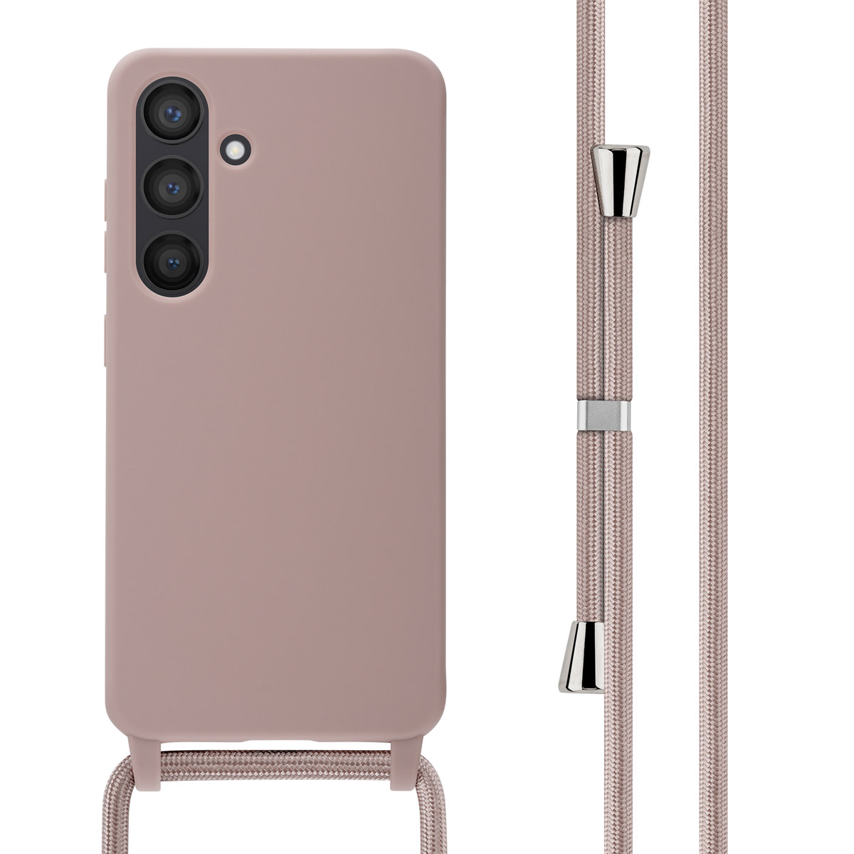 Roze telefoonhoes met bijpassende riem. De riem is gemaakt van gevlochten koorden.