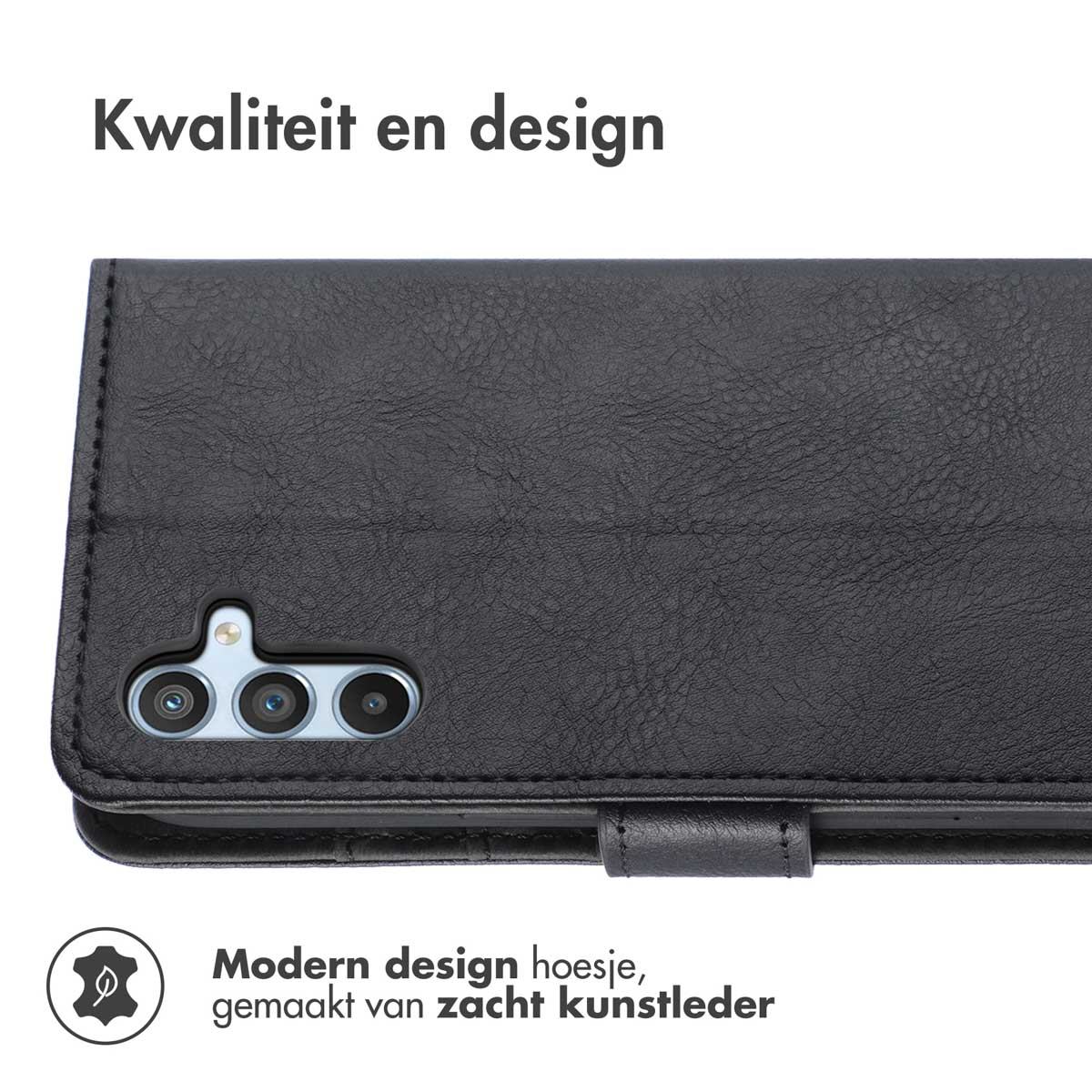 Zwarte telefoonhoes met camera-uitsparing en logo. Tekst: Kwaliteit en design.