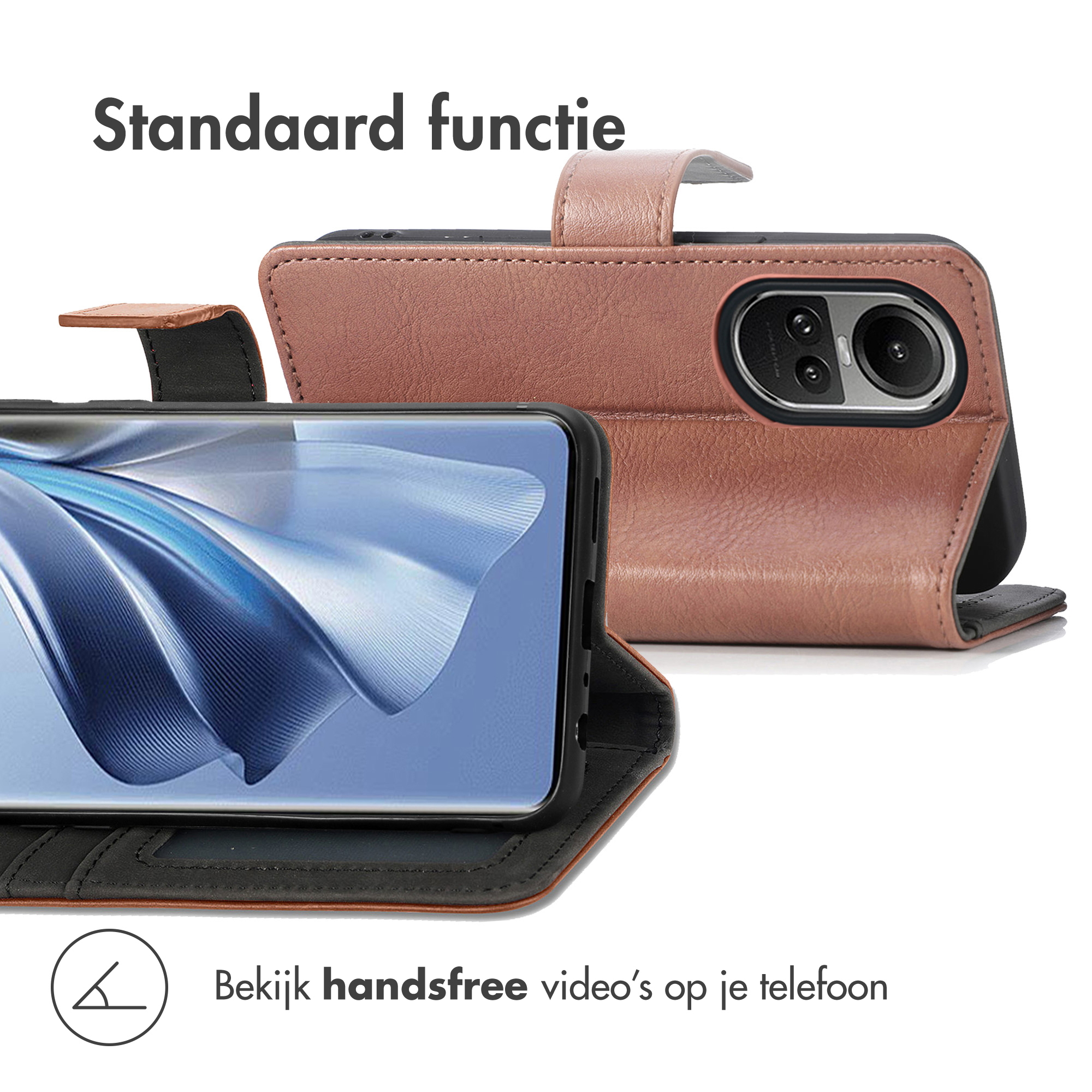 Een roze telefoonhoes met standaardfunctie en camera-uitsparing.