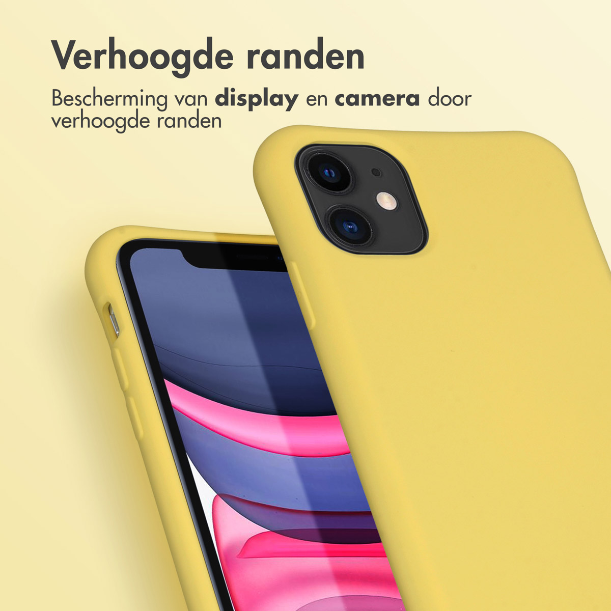 Gele telefoonhoes met verhoogde randen. Tekst: Verhoogde randen, bescherming.