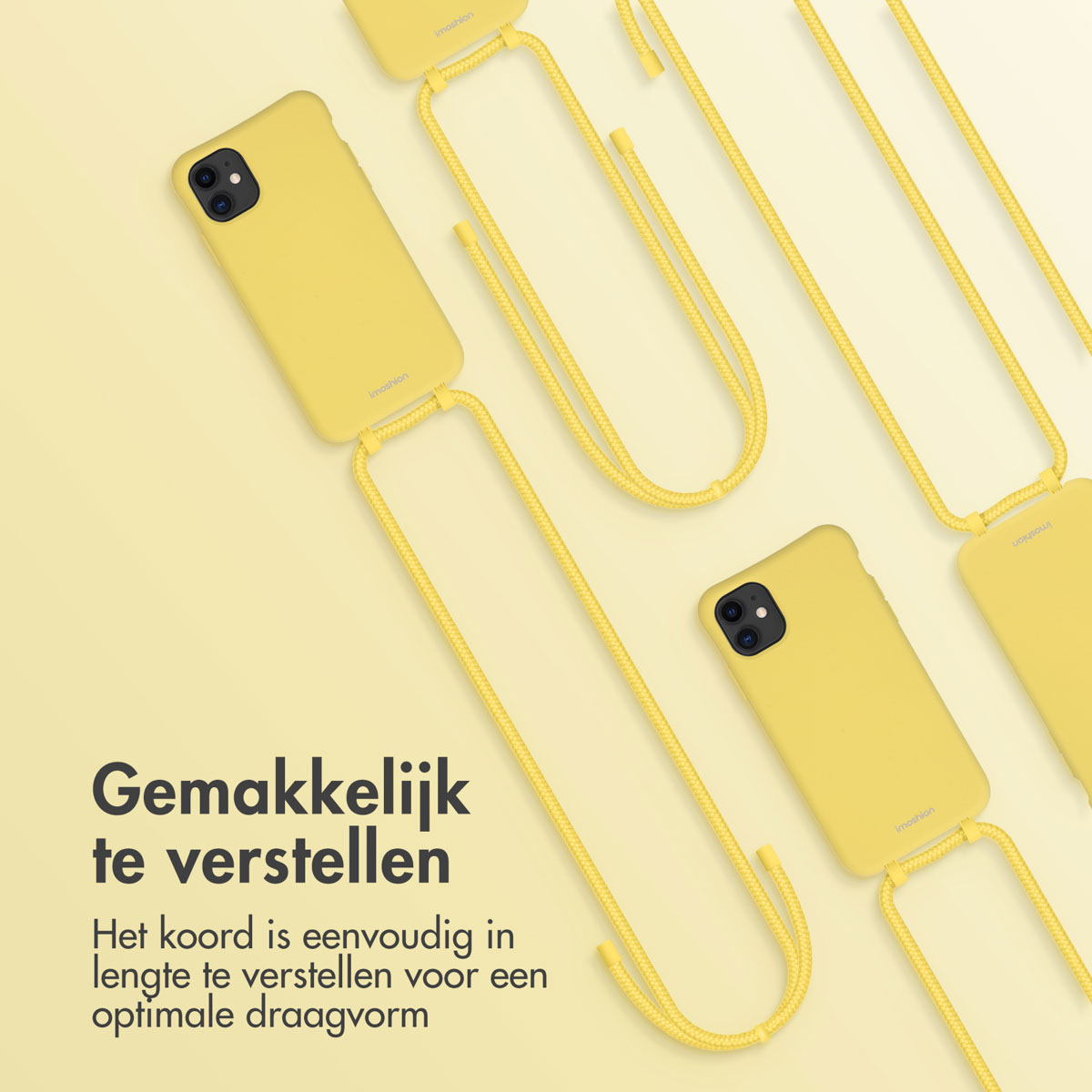 Gele telefoonhoesjes met telefoonriemen. De telefoons zijn geel.