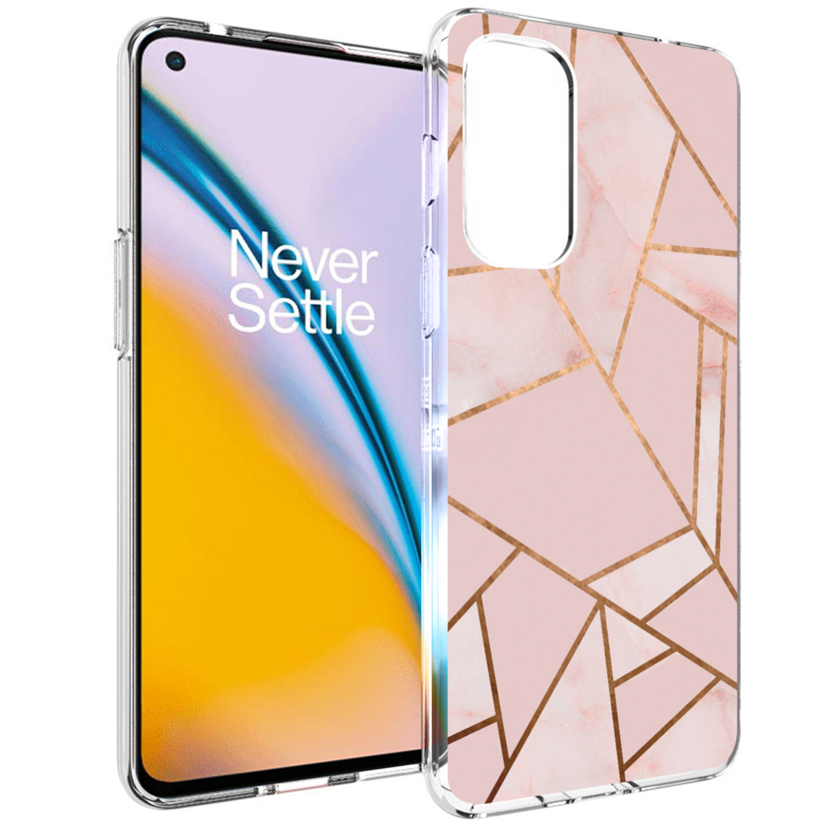 Coque de téléphone transparente avec un design géométrique rose et doré. Le téléphone est visible.