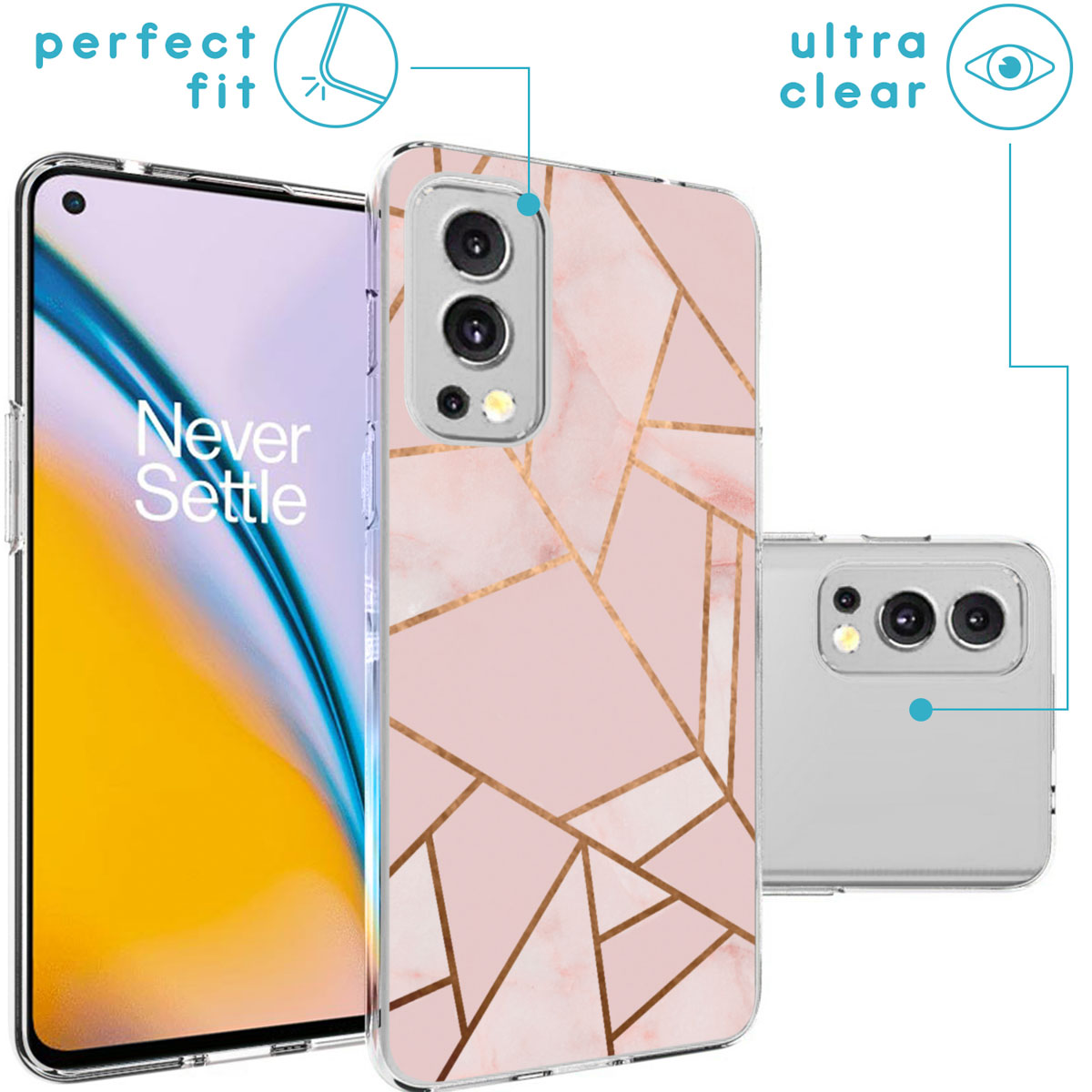 Coque de téléphone à motif marbre rose, deux téléphones, un avec la coque.