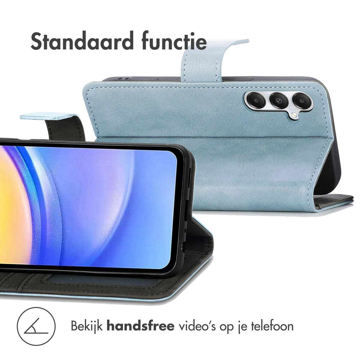 Blauwe telefoonhoes met een telefoon erin en een opvouwbare hoes. De hoes is open.