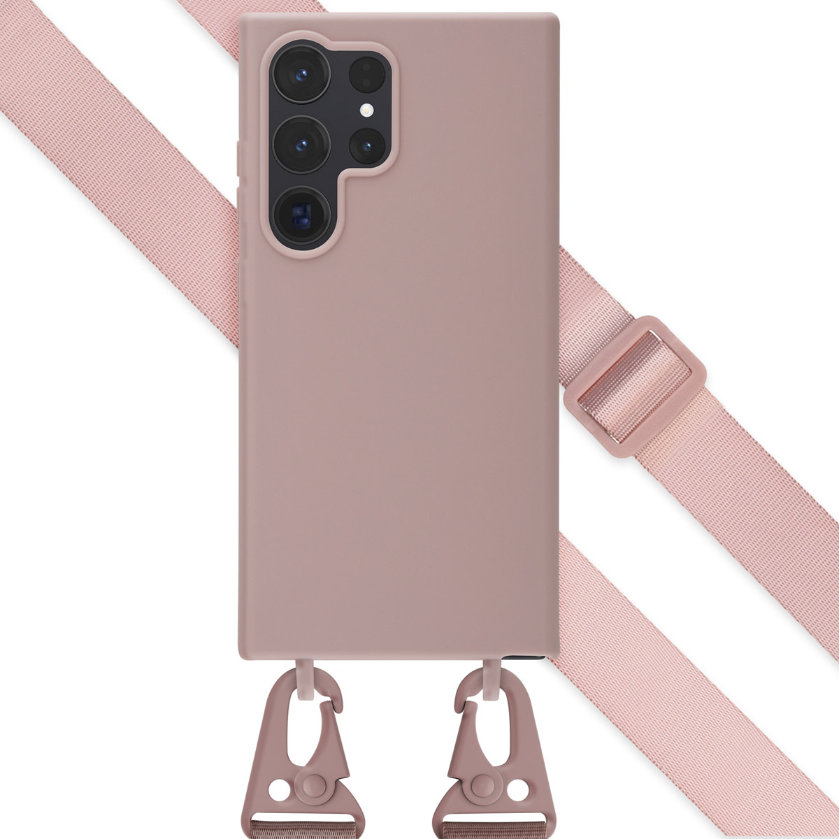 Coque de téléphone rose avec crochets et sangle rose, avec boucle, sur fond blanc.