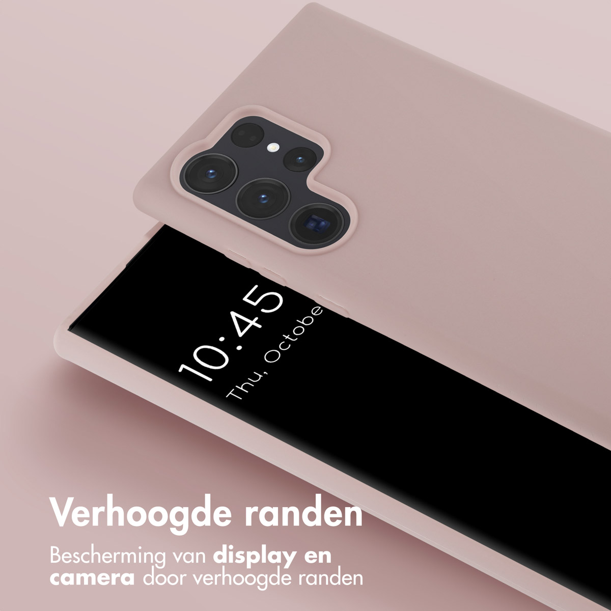 Une coque rose protège l'écran et la caméra. L'écran affiche l'heure et la date : 10:45, jeudi, octobre.