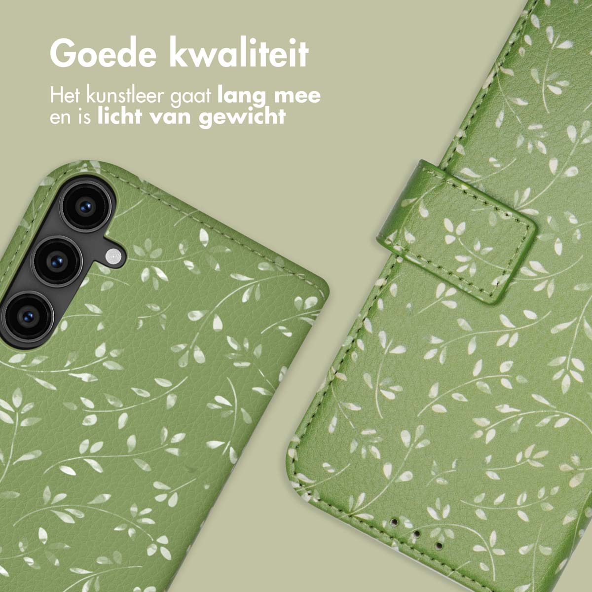 Groene telefoonhoes met bladerpatroon en tekst in het Nederlands.