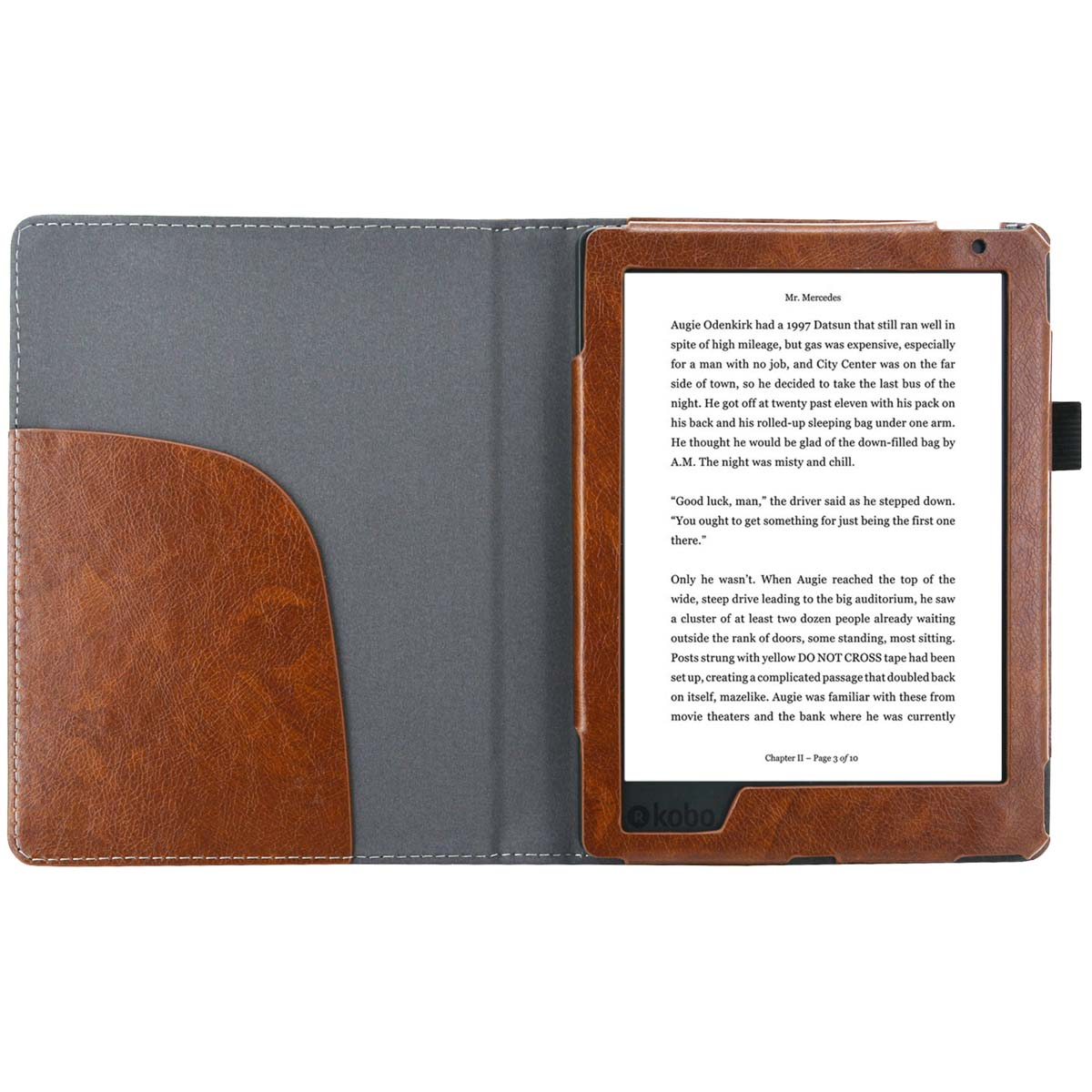 Een bruine leren e-reader hoes met een boek open op het scherm. De hoes heeft een vak.