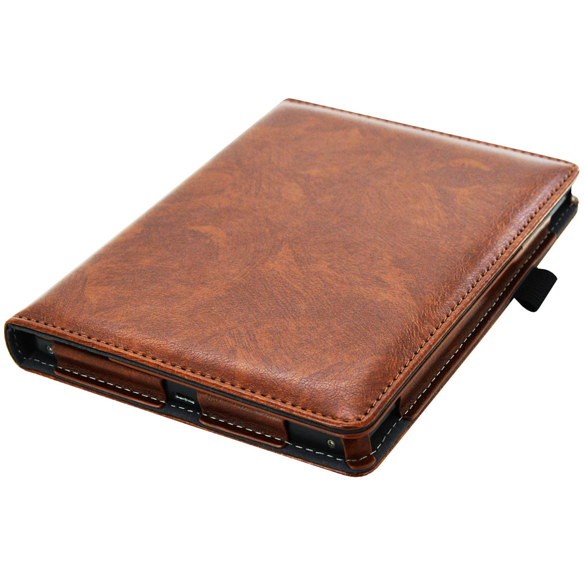 Bruine leren hoes, gesloten, met een telefoon erin. De hoes heeft stiksels en een magnetische sluiting.