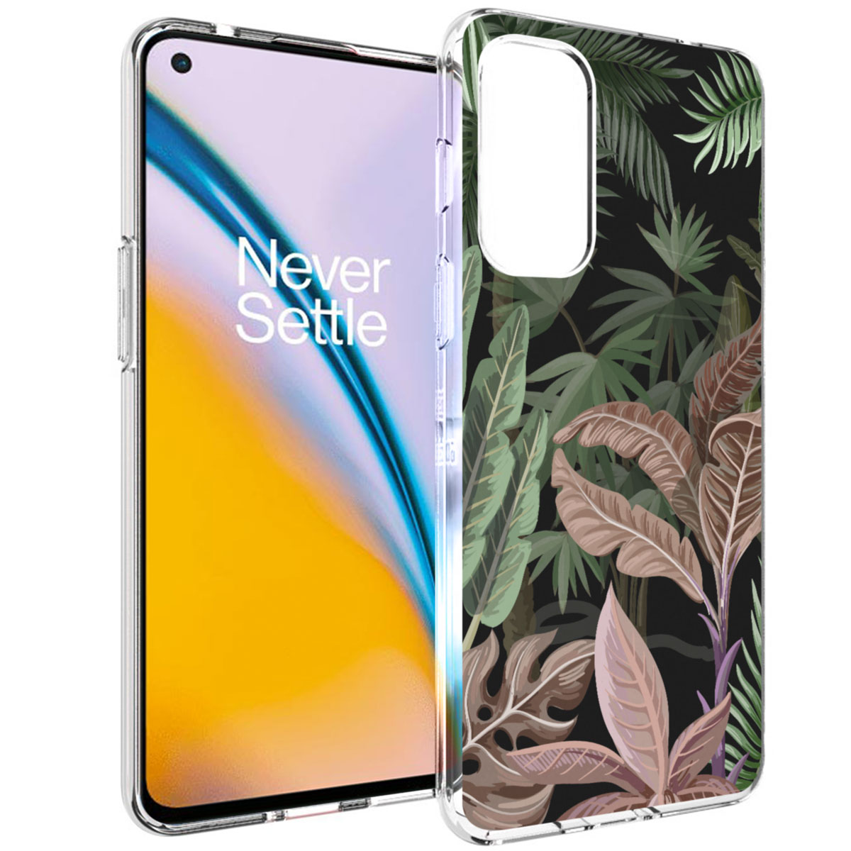 Téléphone avec une coque florale. La coque a des feuilles vertes et marron sur fond noir.