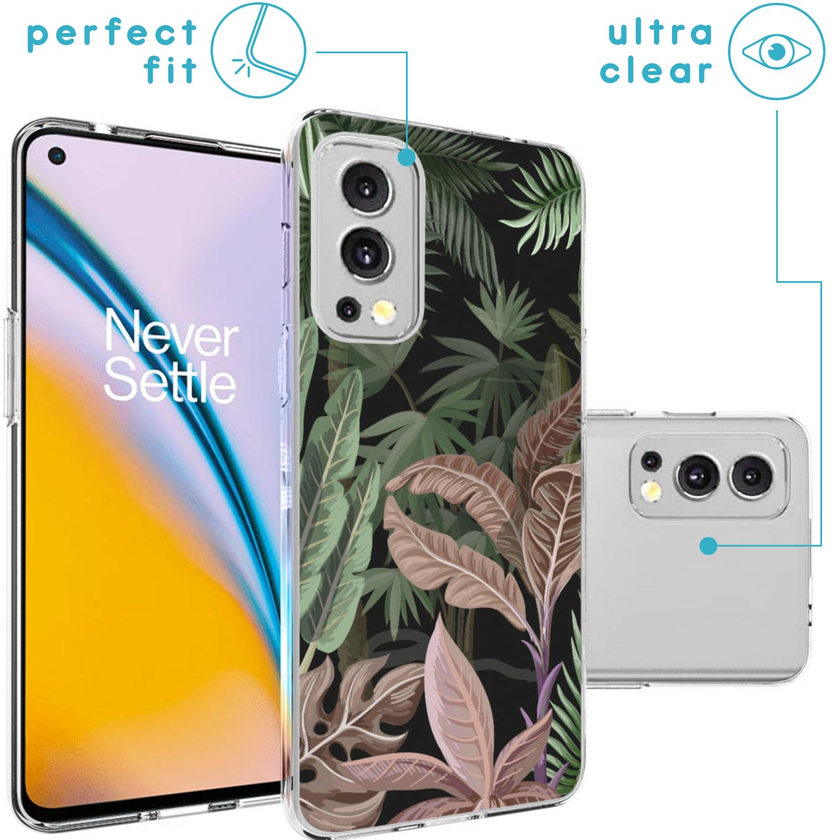 Coque de téléphone avec un motif de feuilles tropicales. Le téléphone est dans la coque. La coque est transparente.