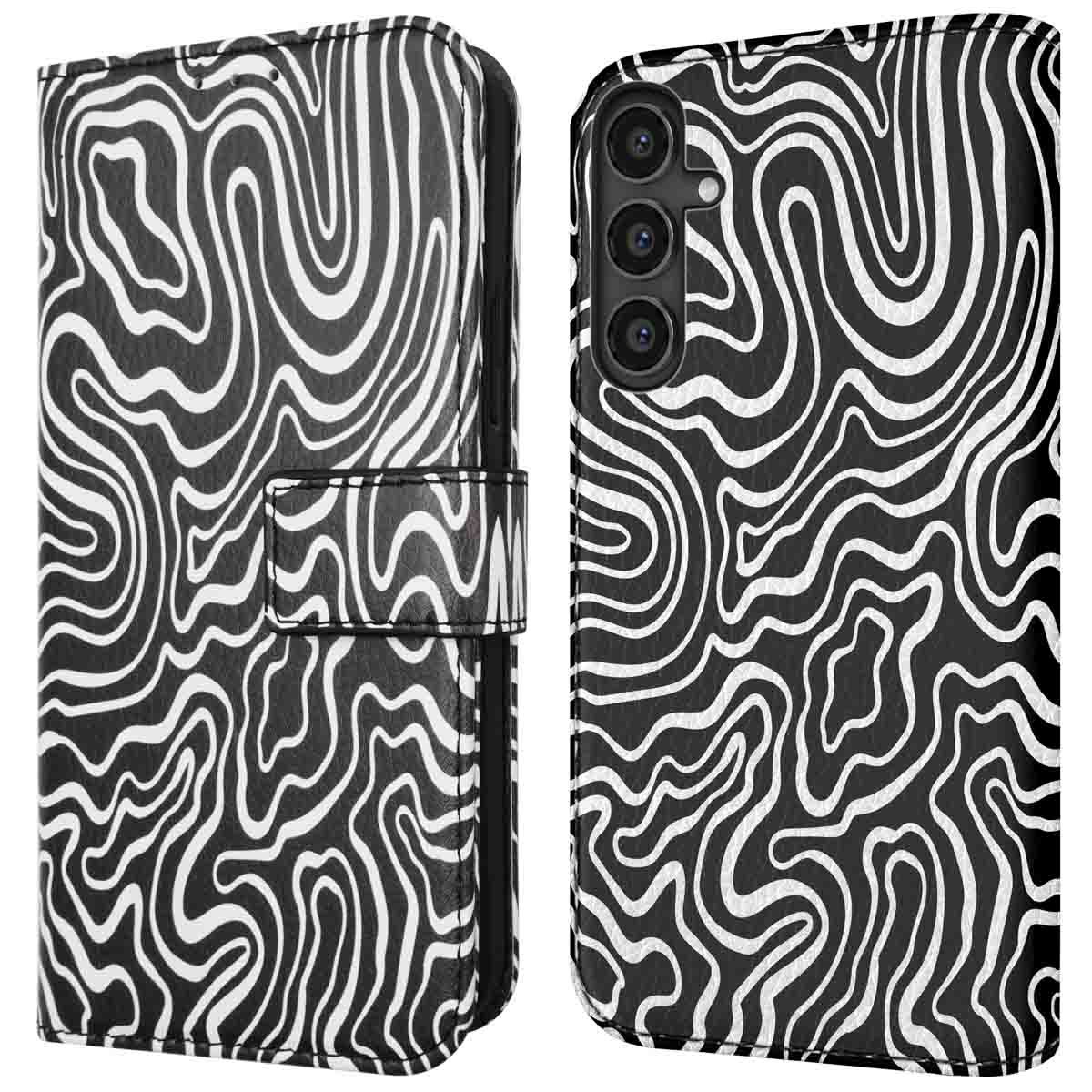 Telefoonhoesje met een zwart-wit wervelpatroon. De hoes is open. Het patroon lijkt op een zebraprint.