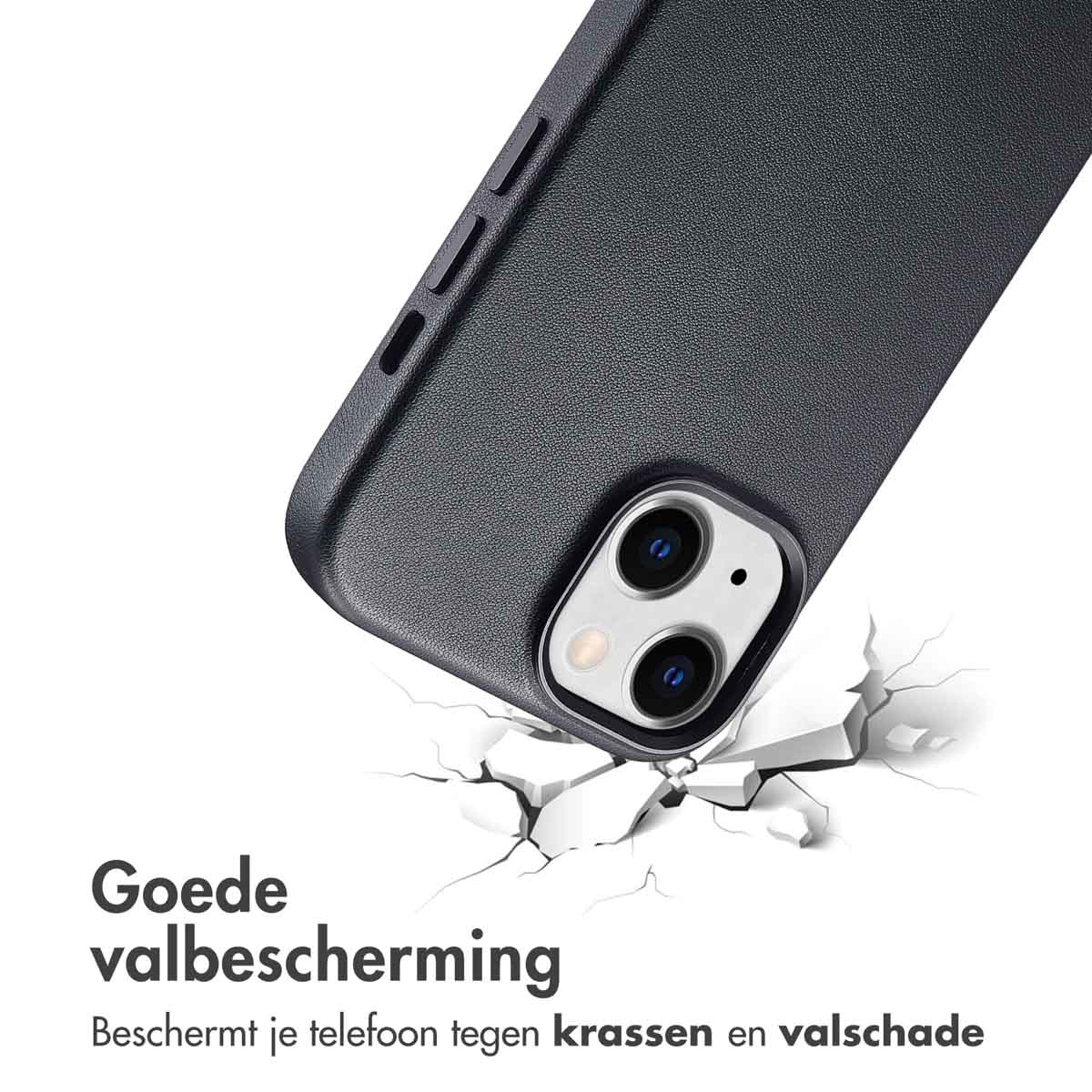 Coque de téléphone noire avec un téléphone à l'intérieur et un effet de fissure au sol.