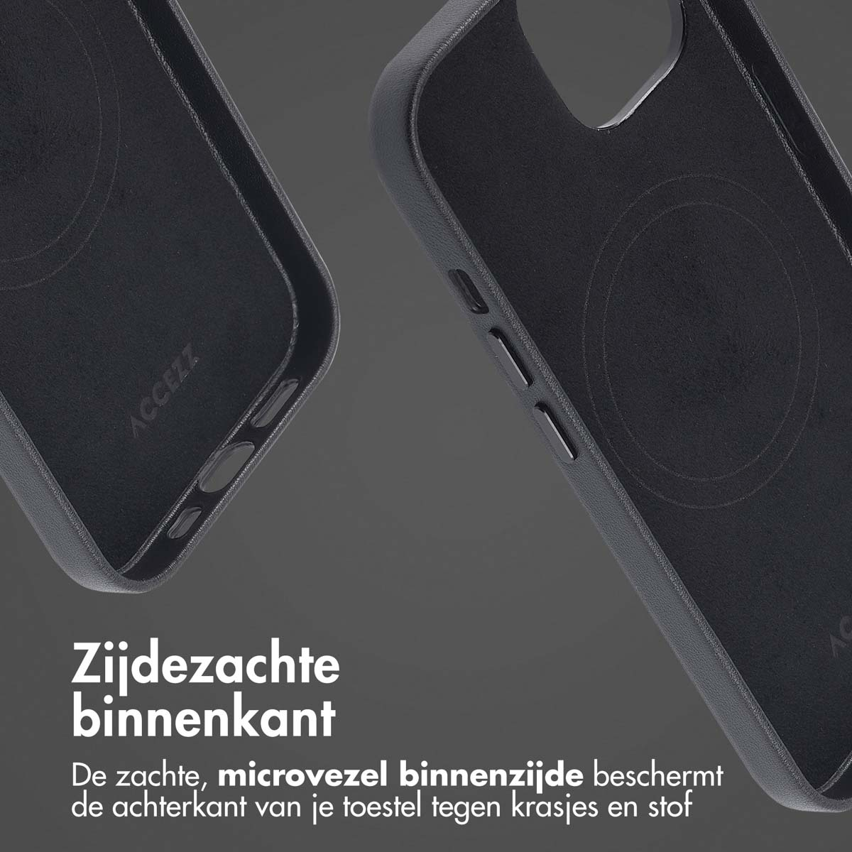 Coque de téléphone gris foncé. Montre l'intérieur avec une doublure douce et lisse.
