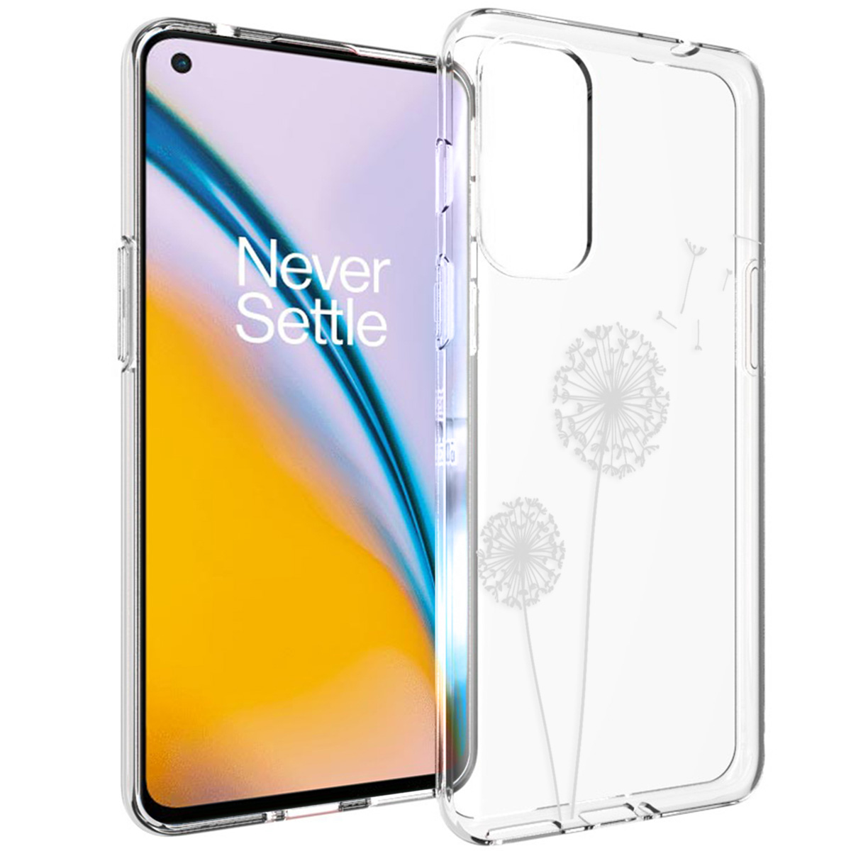 Transparante telefoonhoes met paardebloemsilhouet. Een telefoon met gele achtergrond zit erin.