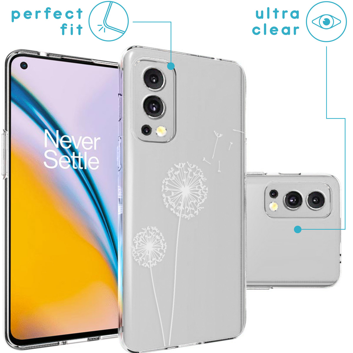 Transparante telefoonhoes met paardenbloemontwerp op een telefoon. Tekst: Perfecte pasvorm, ultra helder.