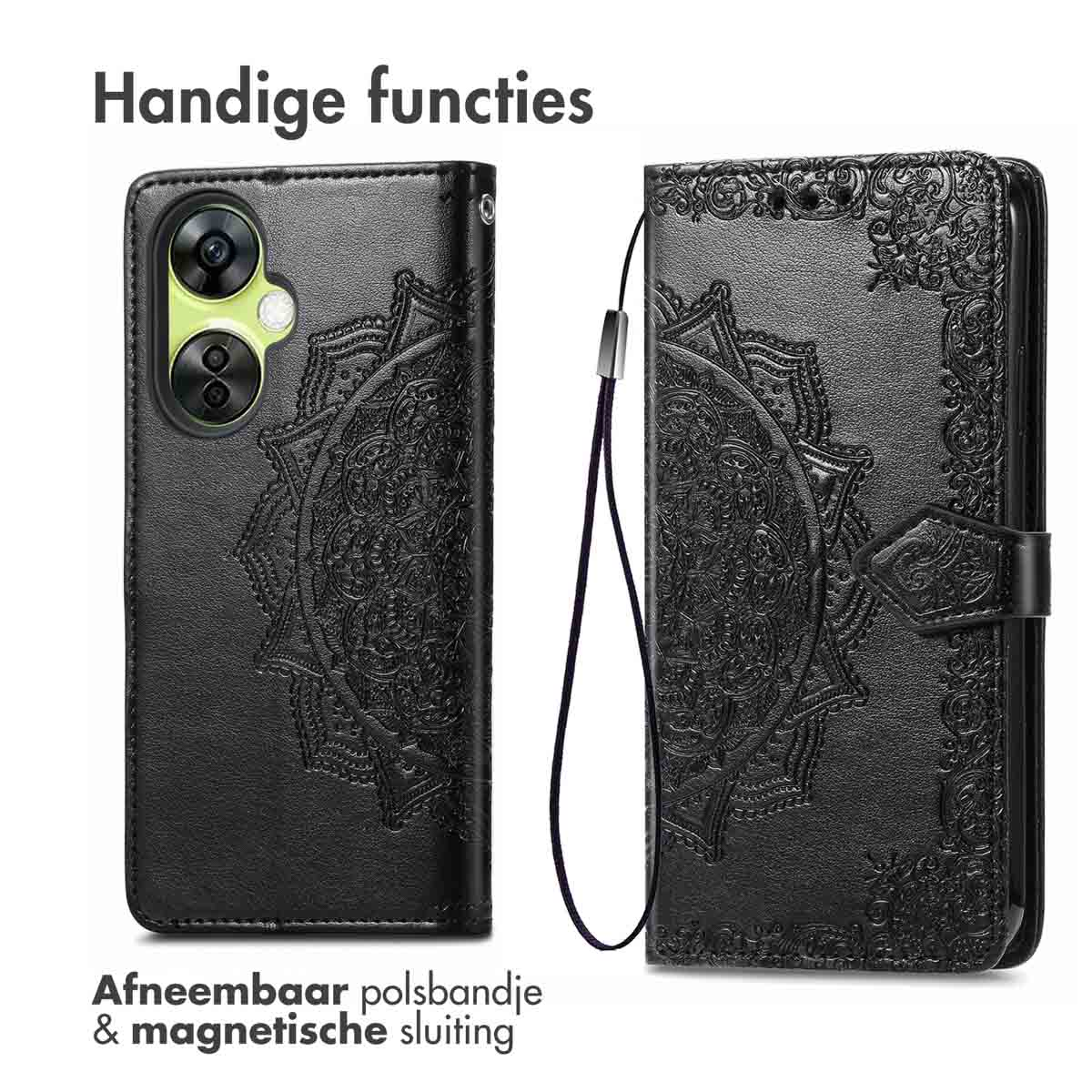 Custodia per telefono nera con motivo decorativo. Cinturino da polso rimovibile.