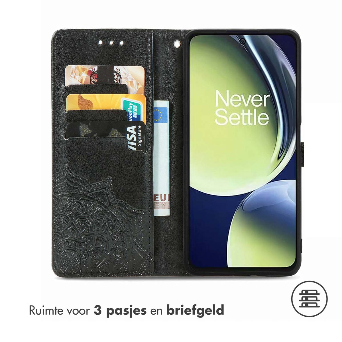 Una custodia a portafoglio nera per telefono con spazio per carte e denaro, con il logo Never Settle.