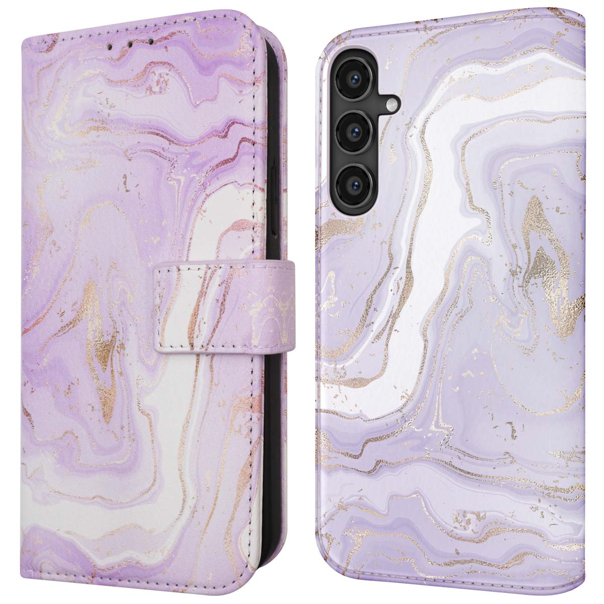 Coque de téléphone en marbre violet et doré avec design portefeuille. La coque est ouverte.