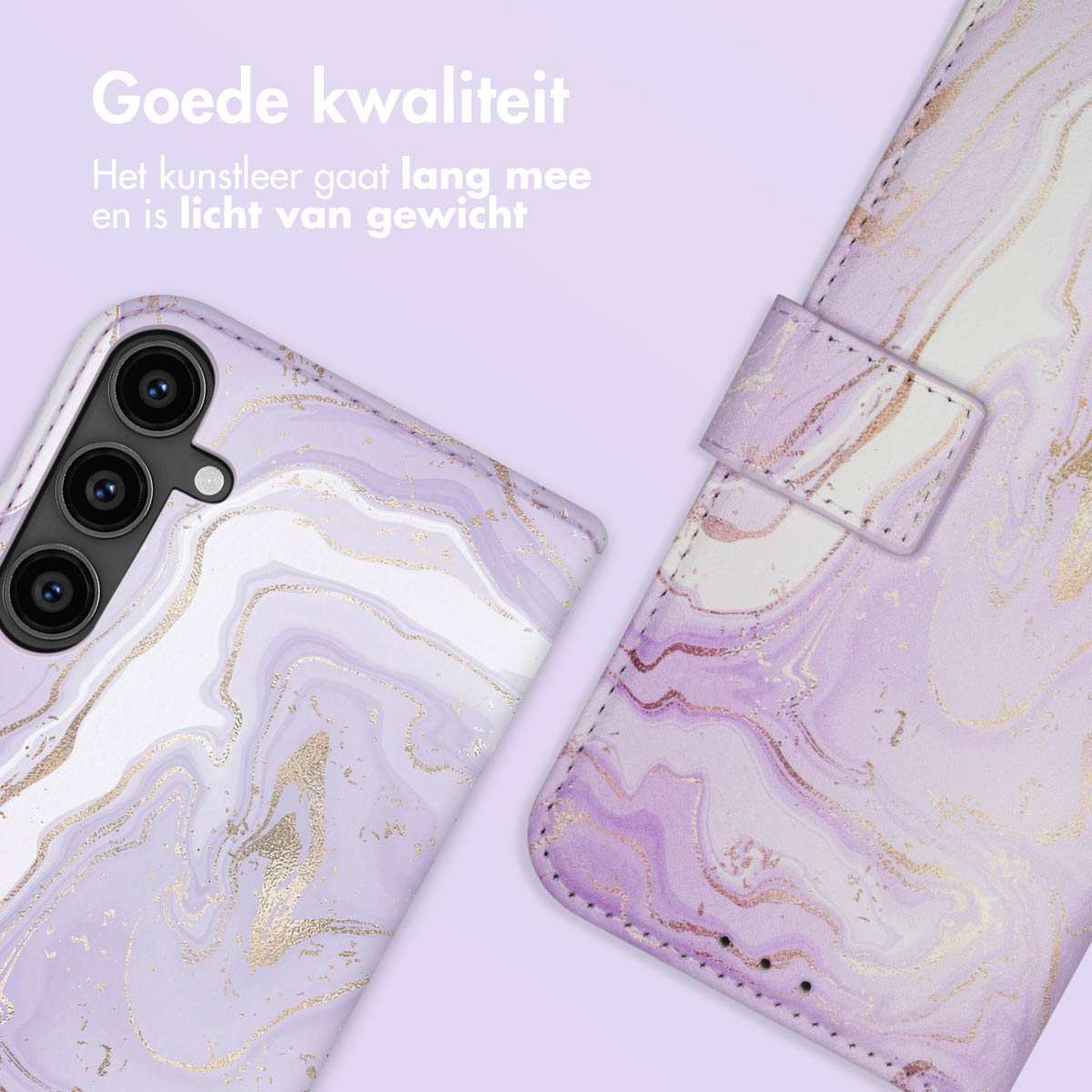 Coque de téléphone et portefeuille motif marbre violet avec accents dorés sur fond violet.