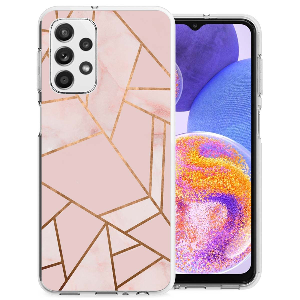Coque de téléphone à motifs géométriques roses et dorés. La coque est montrée avec un téléphone à l'intérieur.