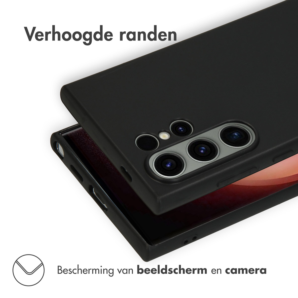 Zwarte telefoonhoes met verhoogde randen beschermt scherm en camera.