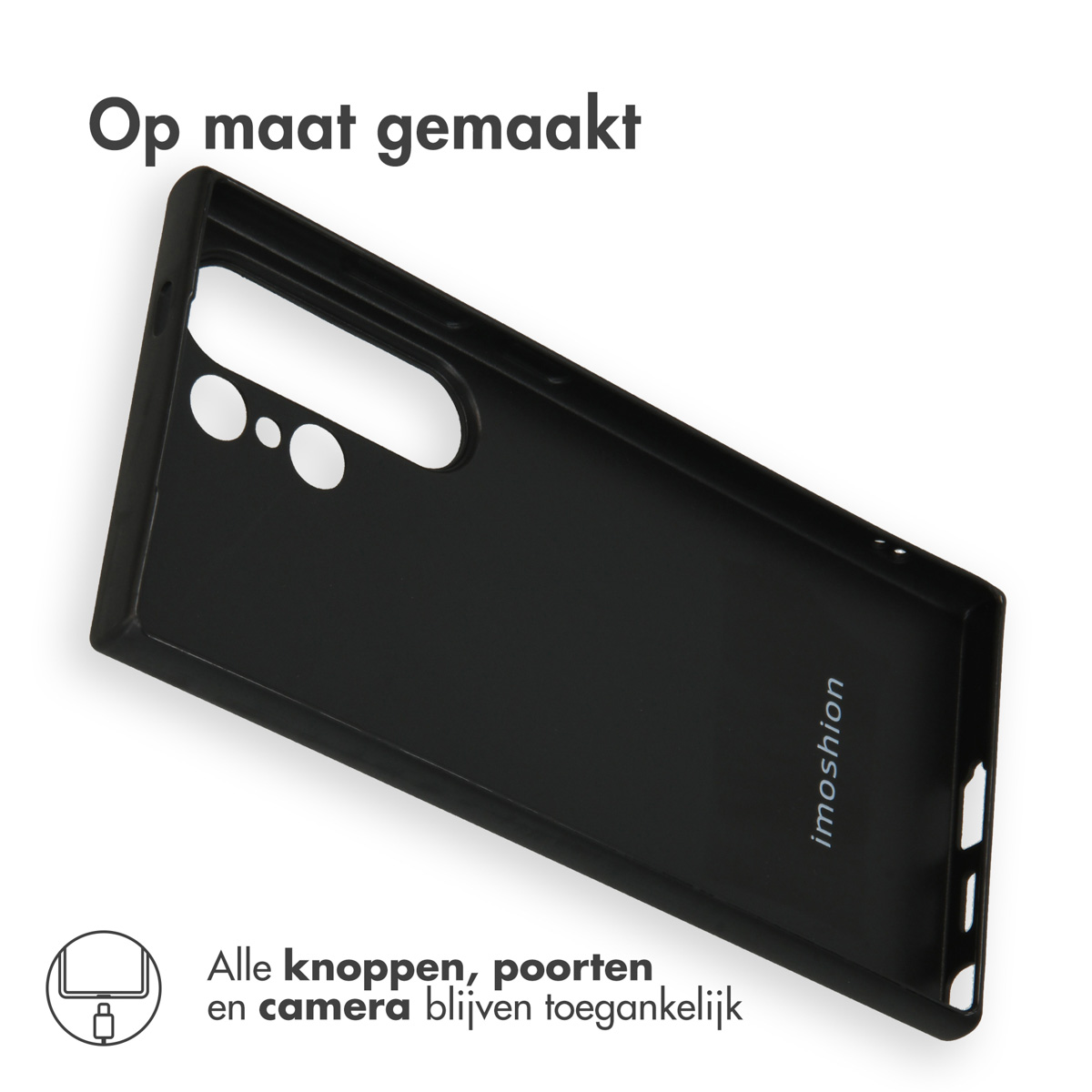 Zwarte telefoonhoes met uitsparingen voor camera en knoppen.